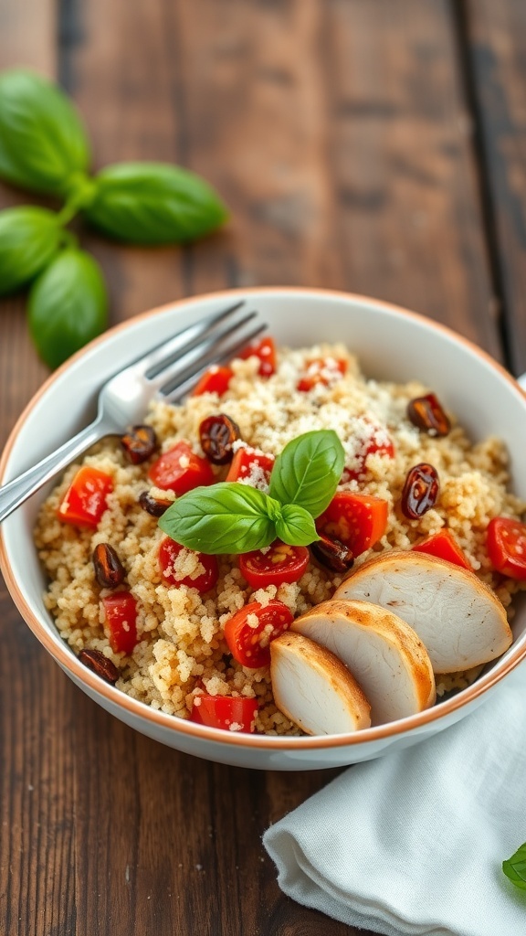 A colorful bowl of quinoa with sun-dried tomatoes, grilled chicken, and fresh herbs, served on a wooden table.